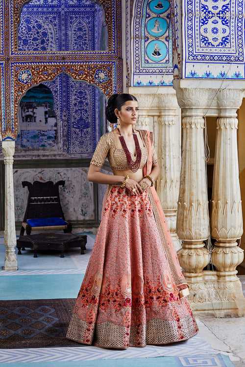 Peach Raw Silk Bridal Lehenga Set