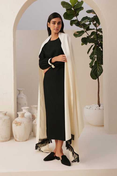 Colmar Woollen Dress & Sand Woollen Shawl (Ivory & Black)