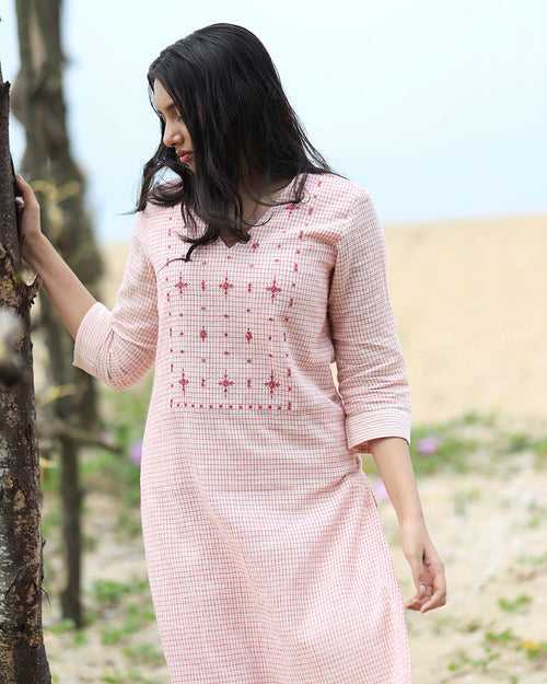 Pale Berry and Ecru Checks - Organic Cotton Kurta