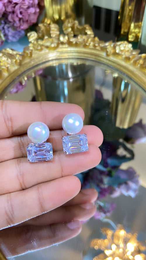 Pearl Top Emerald cut earrings