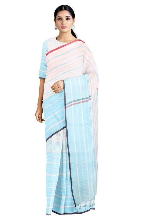 Sky Blue and White Stripes Saree with Blue and Red Border