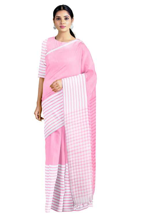 Creamy Pink and White Stripes Saree with Creamy Pink Border