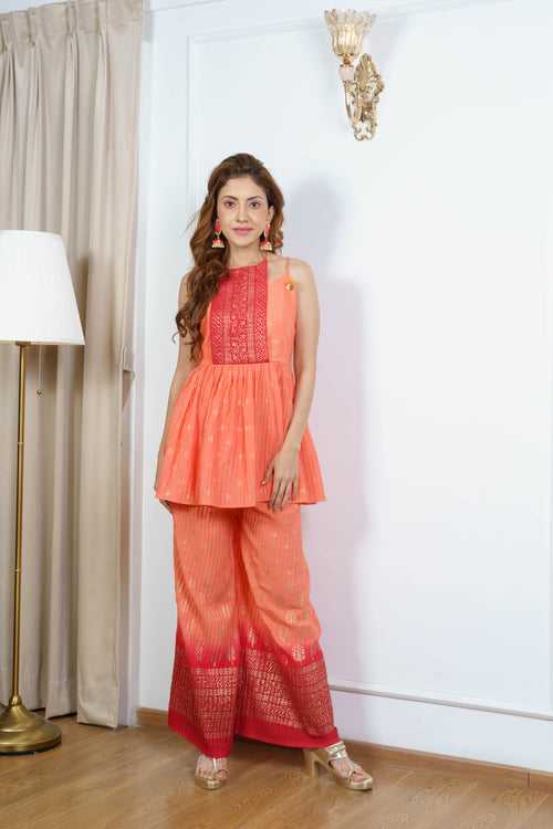 Orange Printed Flap Kurta with Pant