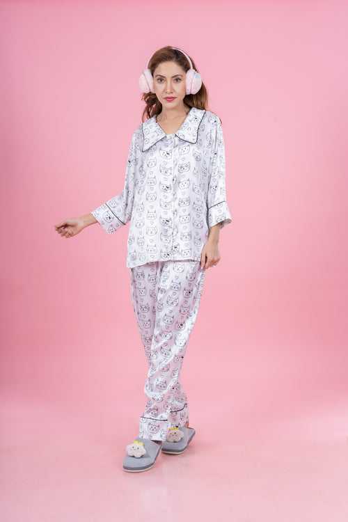 White satin Cat Printed Night suit