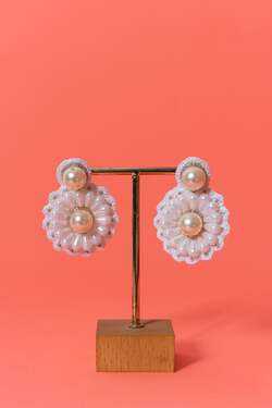 White floral pearl beaded handcrafted earrings