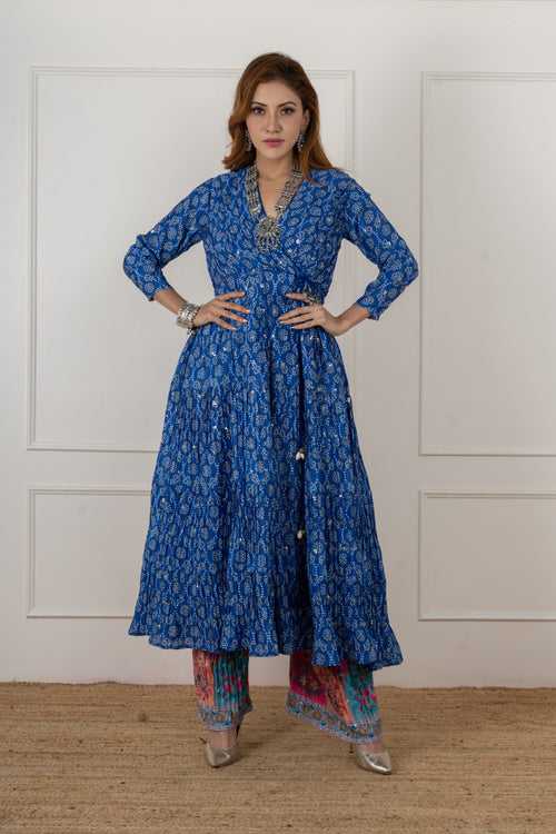 Blue Bandhani Angarakha Kurta set