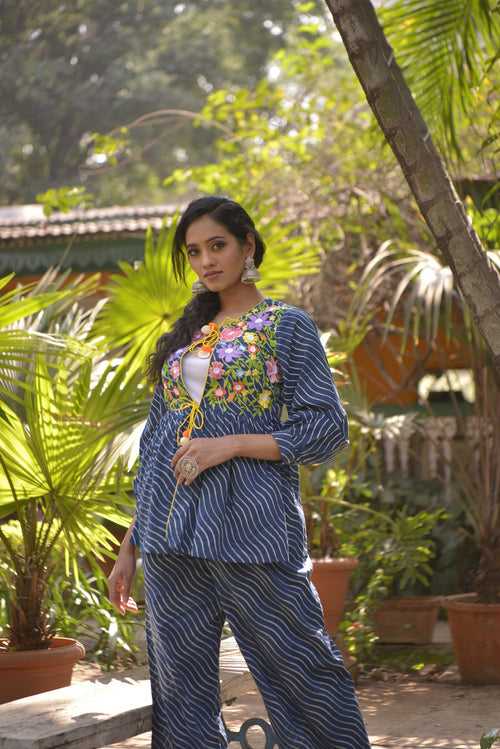 Blue floral embroidered cotton kurt set