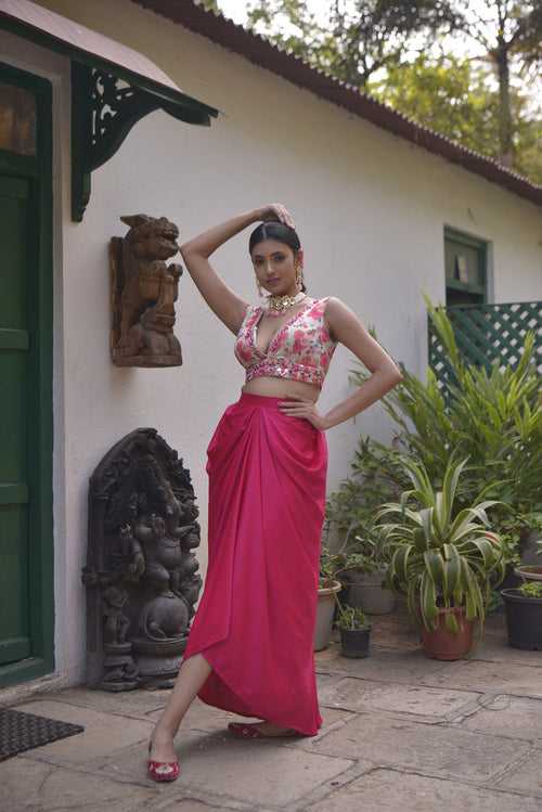 Rani Pink Dhoti Set with printed blouse