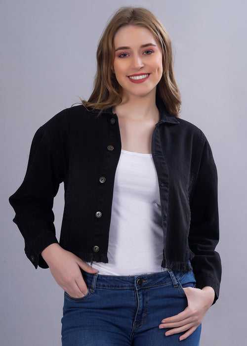 Cropped Black Denim Jacket For Womens