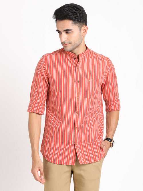 Cotton Linen Orange Striped Slim Fit Full Sleeve Casual Shirt