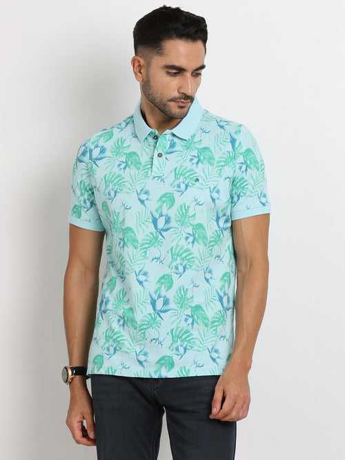 Cotton Stretch Light Blue Printed Polo Neck Half Sleeve Casual T-Shirt