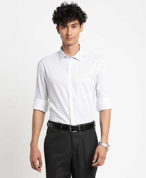 100% Cotton White Checkered Slim Fit Full Sleeve Formal Shirt