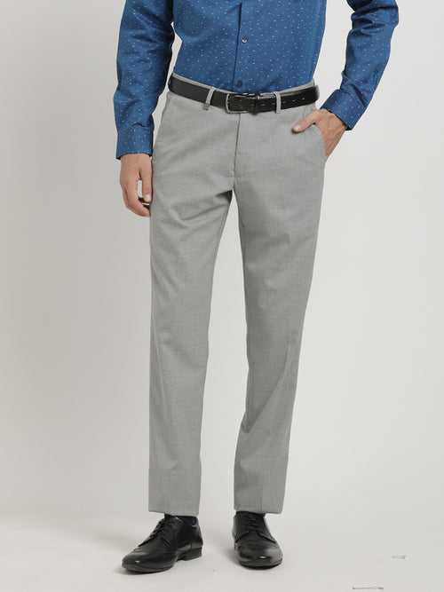 Poly Viscose Stretch Light Grey Plain Slim Fit Flat Front Formal Trouser