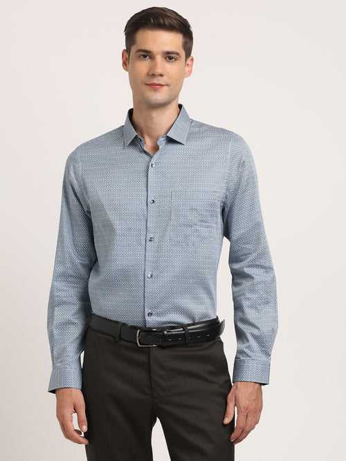 Cotton Stretch Blue Printed Slim Fit Full Sleeve Formal Shirt