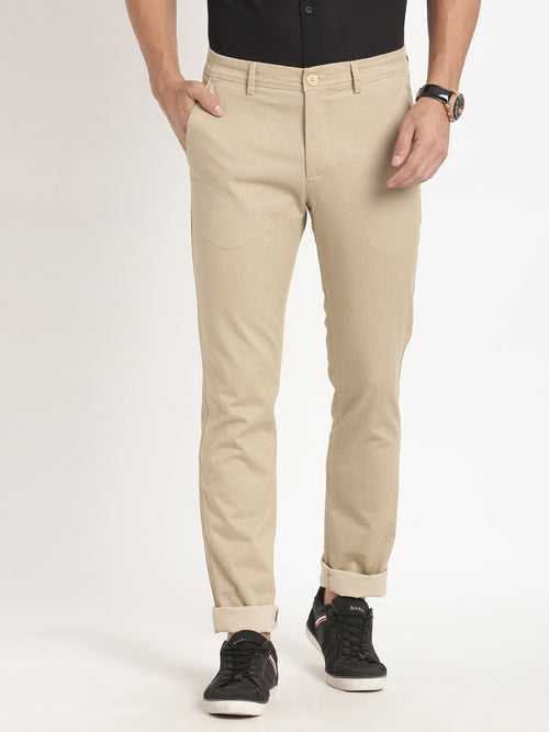 Cotton Stretch Beige Printed Narrow Fit Flat Front Casual Trouser