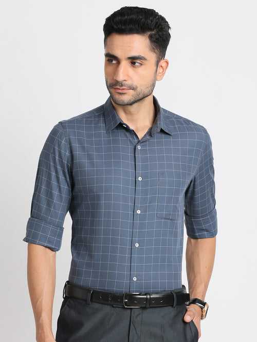 100% Cotton Navy Checkered Slim Fit Full Sleeve Formal Shirt
