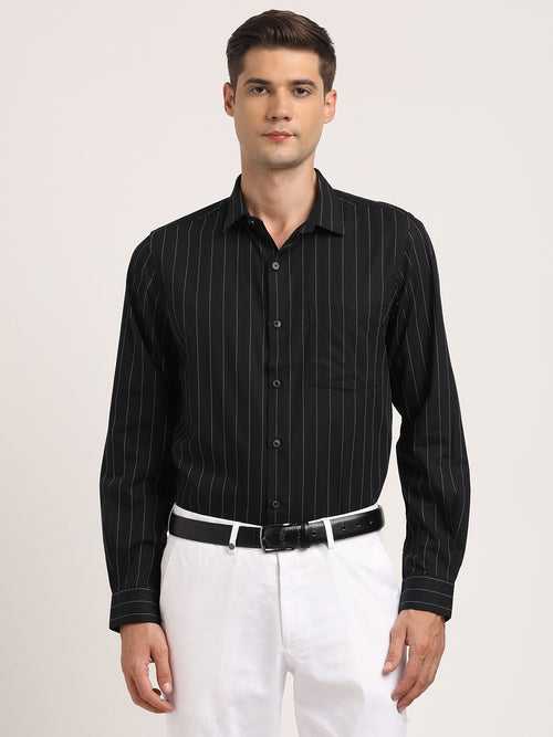 100% Cotton Black Striped Slim Fit Full Sleeve Formal Shirt