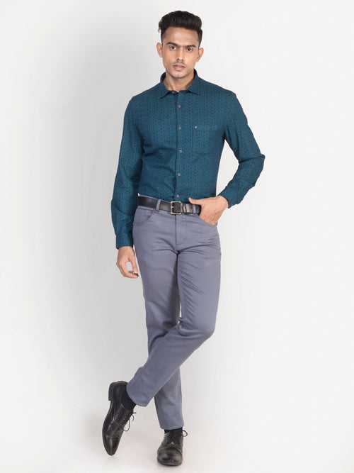 100% Cotton Indigo Blue Printed Slim Fit Full Sleeve Casual Shirt