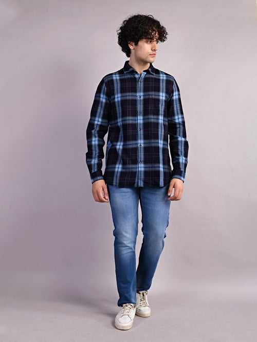 100% Cotton Indigo Navy Blue Checkered Slim Fit Full Sleeve Casual Shirt