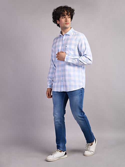 100% Cotton Sky Blue Checkered Slim Fit Full Sleeve Casual Shirt