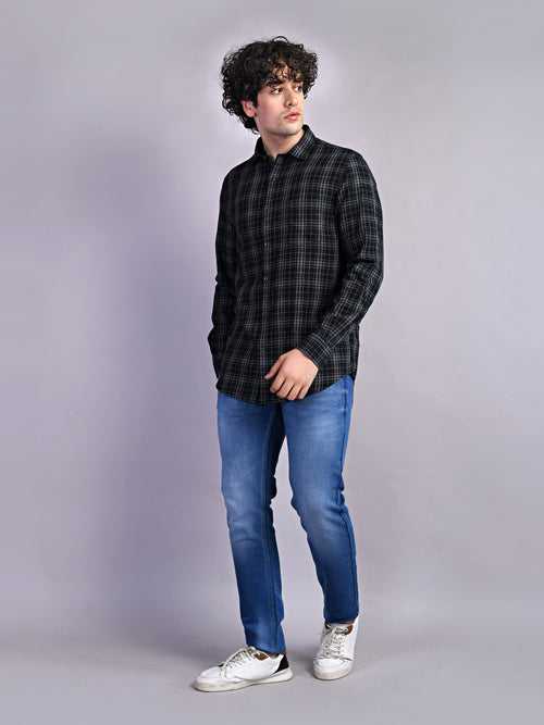 100% Cotton Indigo Black Checkered Slim Fit Full Sleeve Casual Shirt