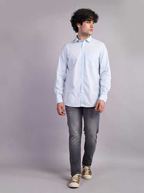 Cotton Stretch Sky Blue Plain Slim Fit Full Sleeve Casual Shirt