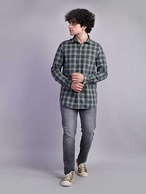 100% Cotton Olive Green Checkered Slim Fit Full Sleeve Casual Shirt