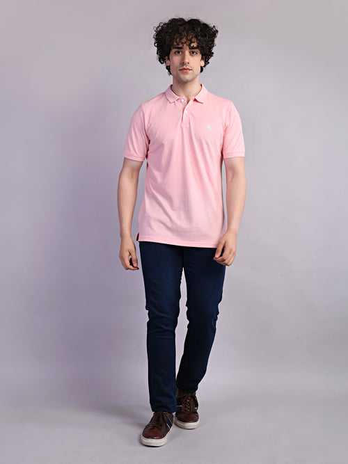 Cotton Pink Printed Polo Neck Half Sleeve Casual T-Shirt
