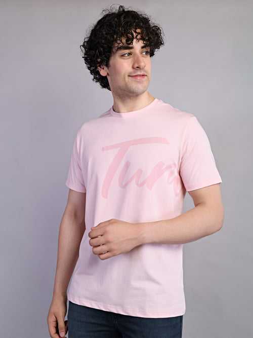 Cotton Stretch Baby Pink Printed Crew Neck Half Sleeve Casual T-Shirt