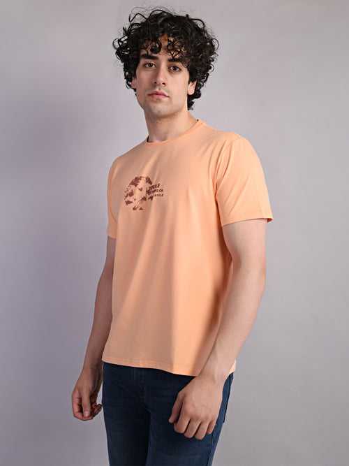 Cotton Stretch Peach Printed Crew Neck Half Sleeve Casual T-Shirt