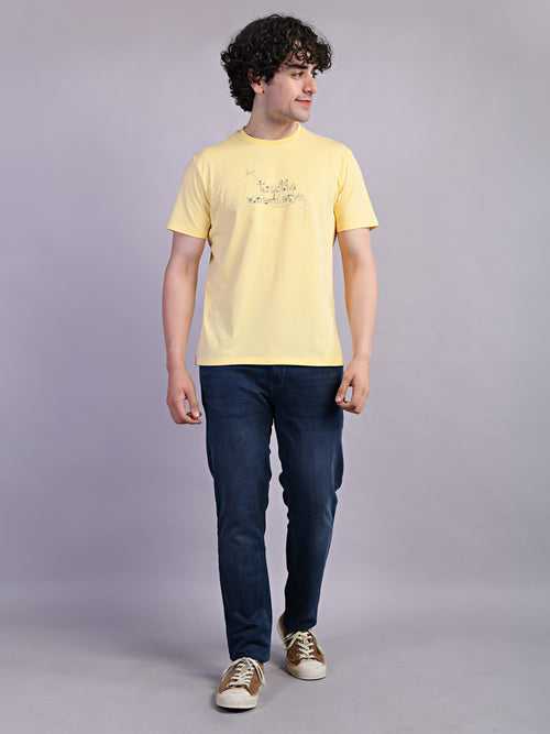 Cotton Stretch Yellow Printed Crew Neck Half Sleeve Casual T-Shirt