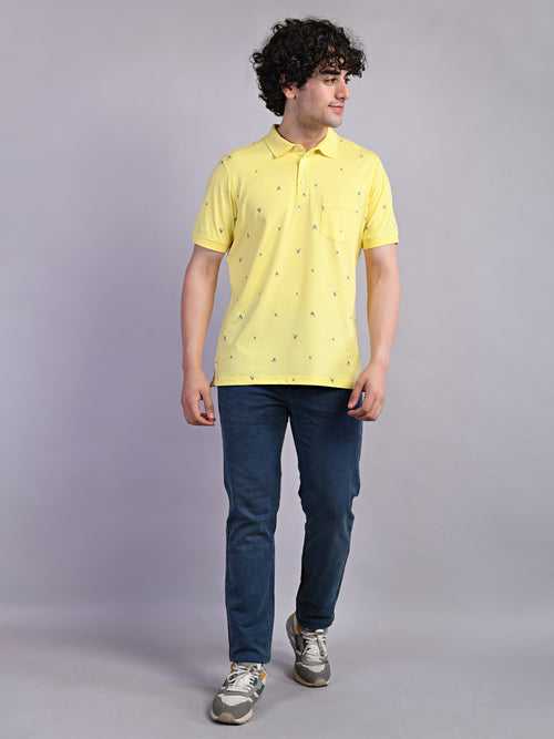 Cotton Yellow Printed Polo Neck Half Sleeve Casual T-Shirt