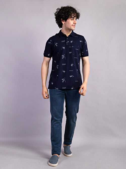 Cotton Navy Blue Printed Polo Neck Half Sleeve Casual T-Shirt