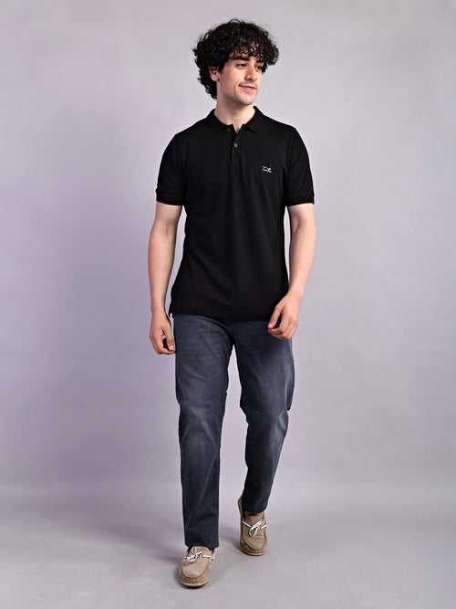 Cotton Stretch Black Plain Polo Neck Half Sleeve Casual T-Shirt