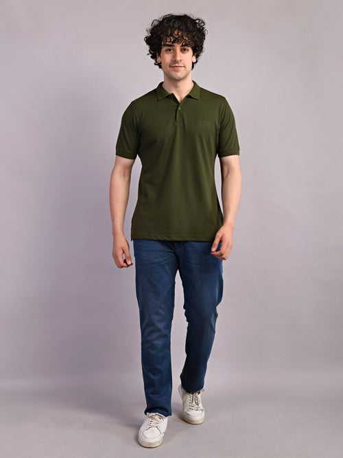 Cotton Stretch Army Green Plain Polo Neck Half Sleeve Casual T-Shirt