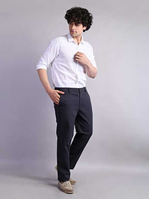 Cotton Stretch Dark Grey Plain Ultra Slim Fit Flat Front Casual Trouser