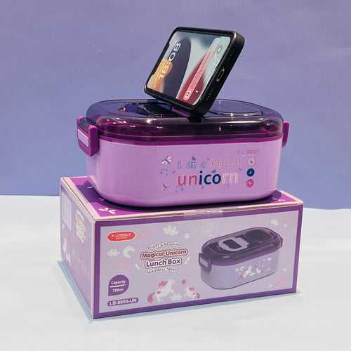 Purple Unicorn Theme Box : 700ml Capacity Steel Plate with Mobile Holder and Spill Proof