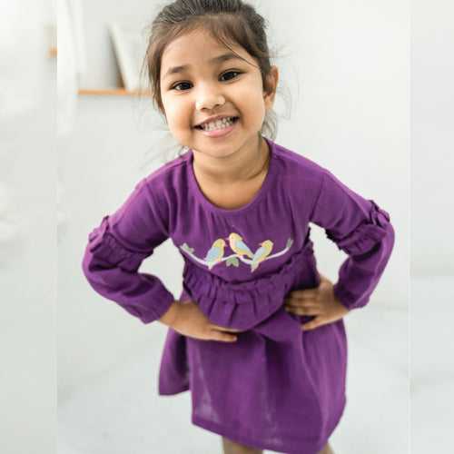 Purple Bird - Full Sleeve Muslin Frock