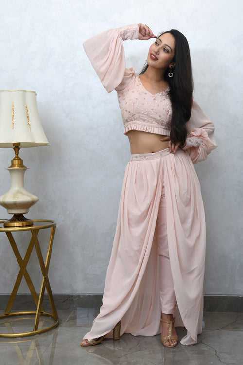 MULMUL BLUSH PINK CROP TOP WITH COWL PANTS