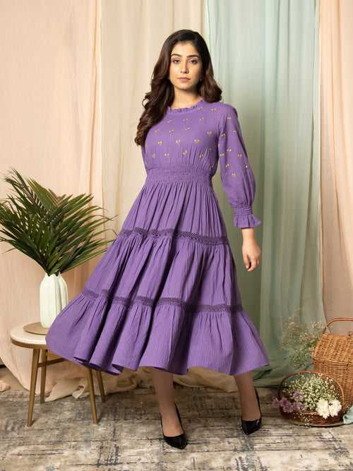 AAHELI RADIANT MEADOWS PURPLE COTTON KANTHA TIERED DRESS