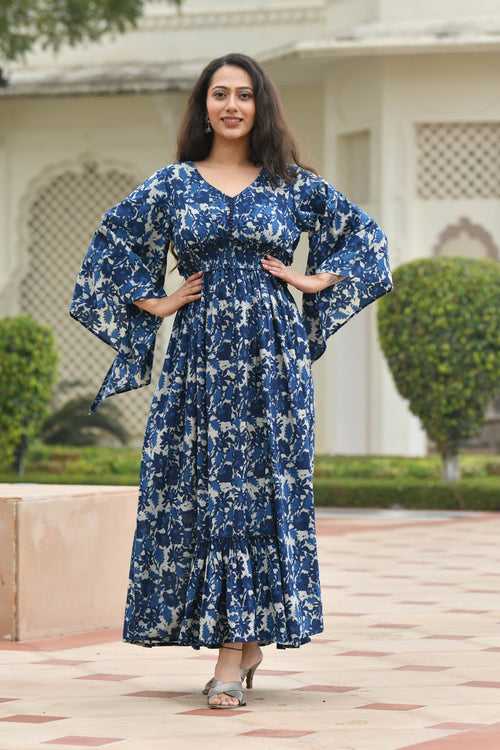 AAHELI FLORAL NAVY-BLUE PRINTED FLARED DRESS