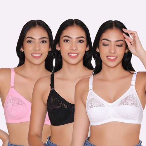 Women's Non Padded Full Coverage Net Bra (Pack of 3)-Thea