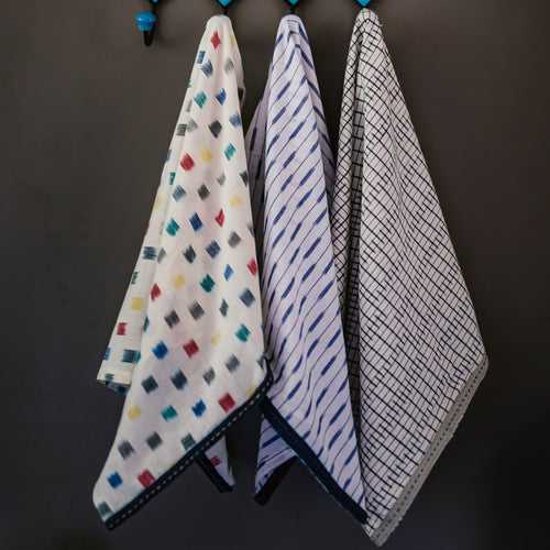 Extra Large Tea Towels in Woven Ikat Cotton with an Embroidered Trim