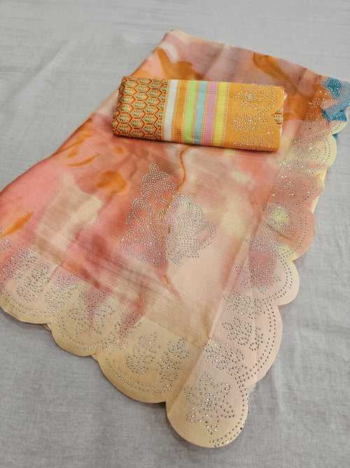 530003 Cloude Print Soft Semi Crepe Silk Saree - Peach