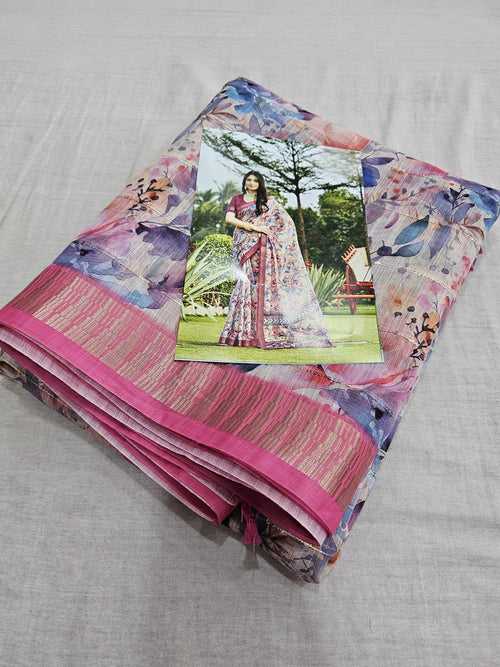 554005 Soft Linen Saree with Flower Print and Sequence Work