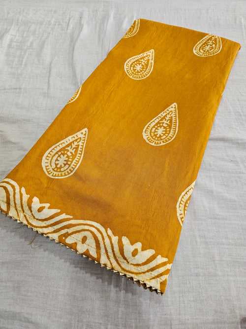 593002 Pure Soft Cotton Batik Printed Saree - mustered yellow