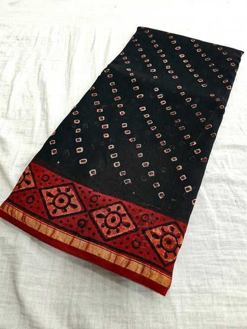 598012 Pure Chanderi Silk Original Ajrakh Hand Blocked Printed Saree