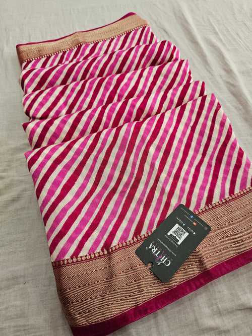 605002 Designer Muslin Lahriya Saree With Zari Border - Pink