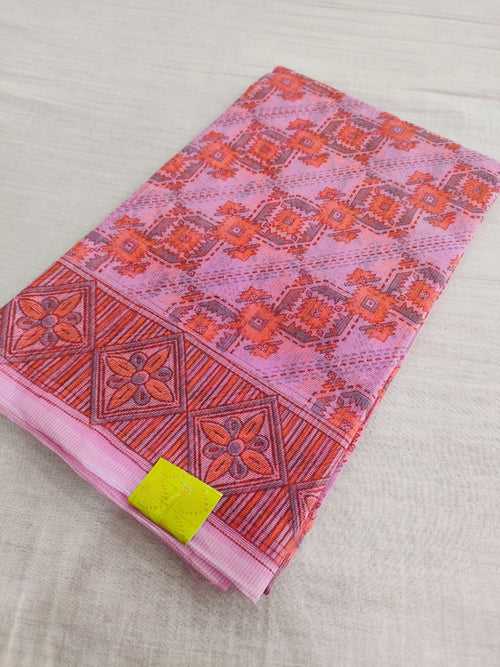 485001 Supernet Flower Print Saree - Dark Pink