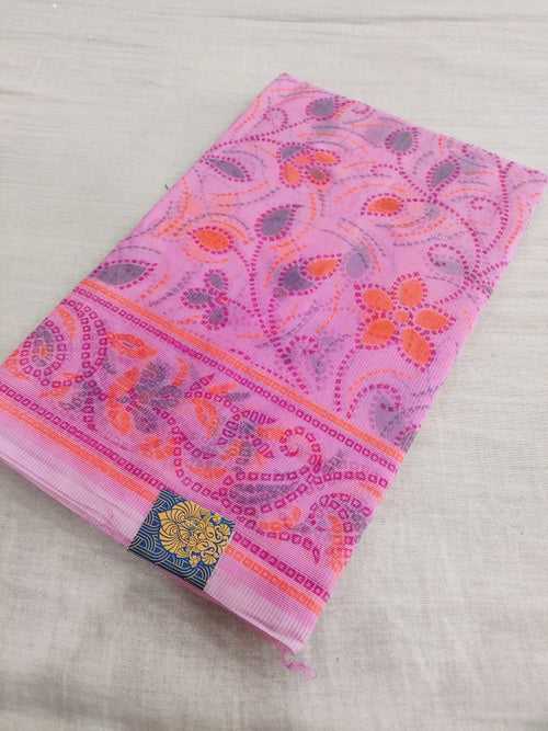 485004 Supernet Flower Print Saree - Dark Pink